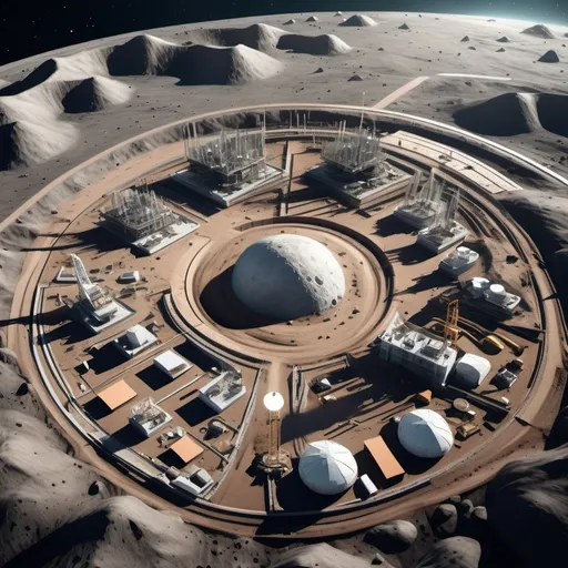 Prompt: a Birdseye aerial view of a construction land development site on the moon. add palm trees and space ships. show earth in the background.