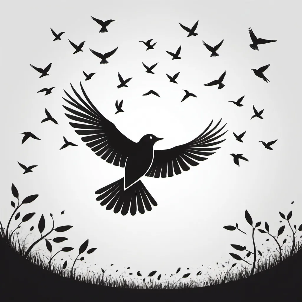 Prompt: black-and-white bird flying free with tiny birds in the background for a company logo