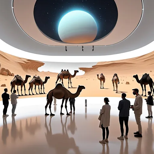 Prompt: A image of a metaverse space as an interior exhibition space with camels and people