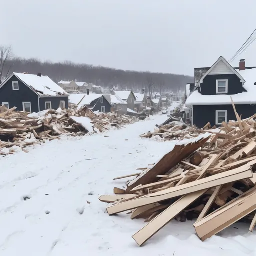 Prompt: a village with a blizzard that has just struck people had warnings on there phones everyone was panicking but the big blizzard had hit over and people passed away and it has big lots of broken pieces of wood