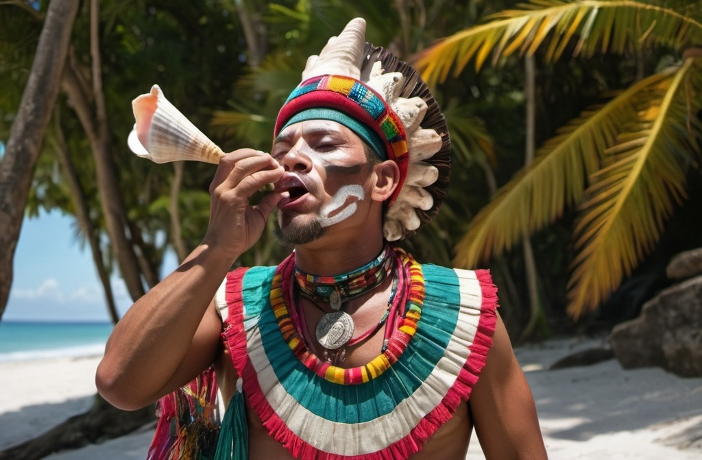 Prompt: a man in an mayan traditional costume of Guatemala is blowing a seashell with his mouth afrofuturism, saturated colors, a stock photo