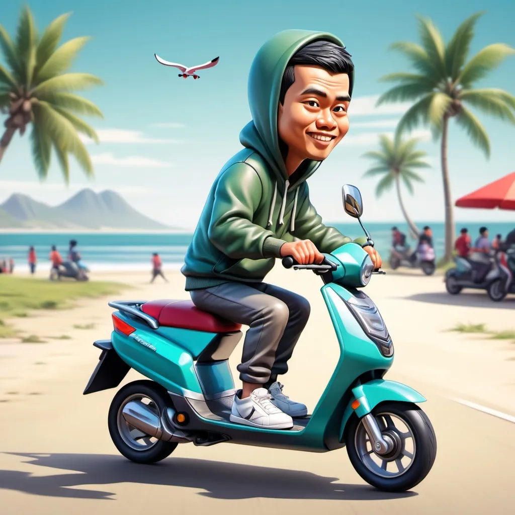 Prompt: a 4D caricature of Indonesian man with short hair, wearing a hoodie and sneakers, riding an automatic scooter honda near a beach Indonesian street background, hyper-reallistic, high contrast, high color effect, 8K, detail, focus, face front