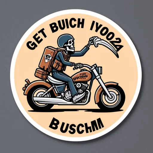 Prompt: circular sticker featuring fossilised bones riding a motorcycle and titled Get Buched with subtitle BAGM 2024 Buchan