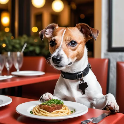 Prompt: Un jack russel che mangia al ristorante