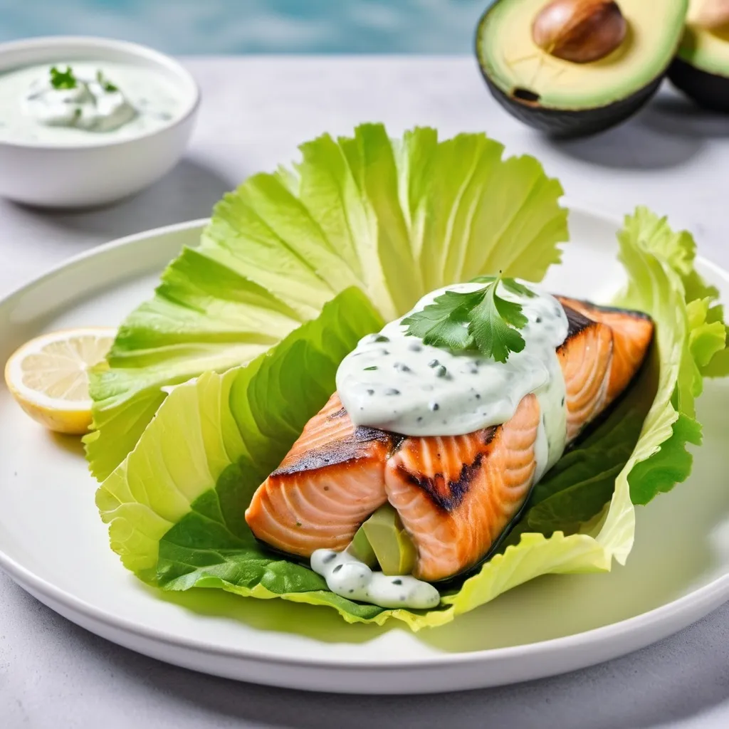 Prompt: salmon and avocado with yogurt sauce, wrapped with lettuce leaf, and a nice background