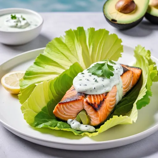 Prompt: salmon and avocado with yogurt sauce, wrapped with lettuce leaf, and a nice background