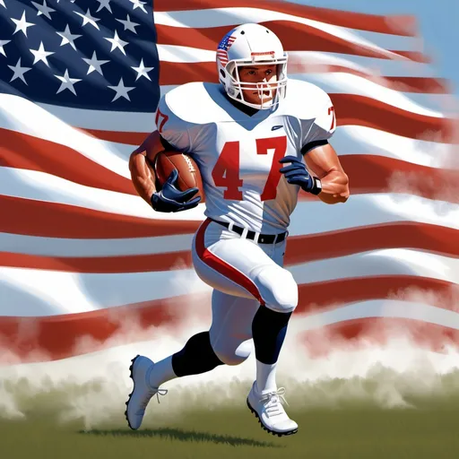 Prompt: a football player with the number 47 on uniform running with an american flag filling the background and a flag on the screen of a cell phone, Dennis Ashbaugh, american scene painting, professional digital painting, a digital rendering