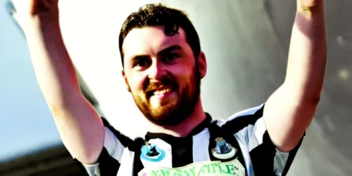 Prompt: A Newcastle fan with glasses. Give him a big smile and slightly overweight. Put him with a newcastle shirt on.