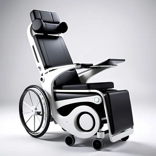 Prompt: A high-tech chair like a wheelchair with a tablet that will serve as their assistant so that when they take medicine, they can always take it on time and use this tablet to see their current health status. In the down part of the chair, there is a leg massager but it is detachable because it can be replaced with a portable pedal exerciser so that patients can also exercise. The seat has a back massager so they can relax too. The medical chair is also battery operated because it doesn't need to be pushed, and it has its controller, it also has solar, so even if it is outside it can still be used. There is also a compartment on the side of the medical chair,  where they can put their medicines or other medical supplies.