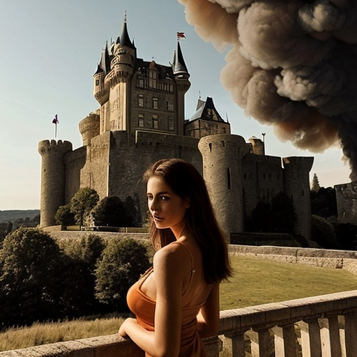 Prompt: Tall young woman looking at a castle, the castle is on fire