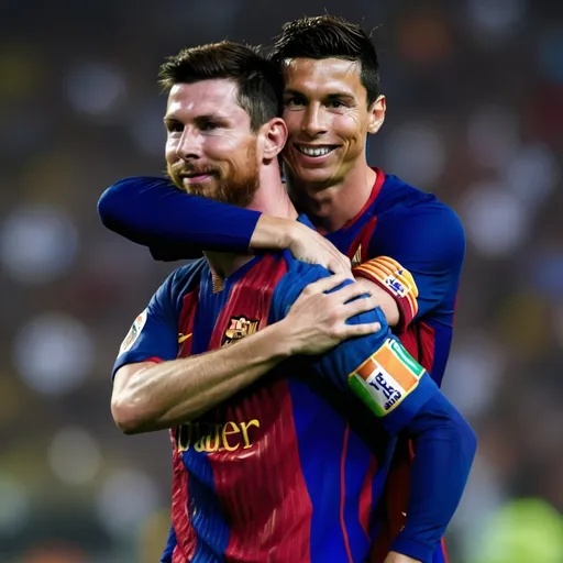 Prompt: Cristiano ronaldo hugging messi