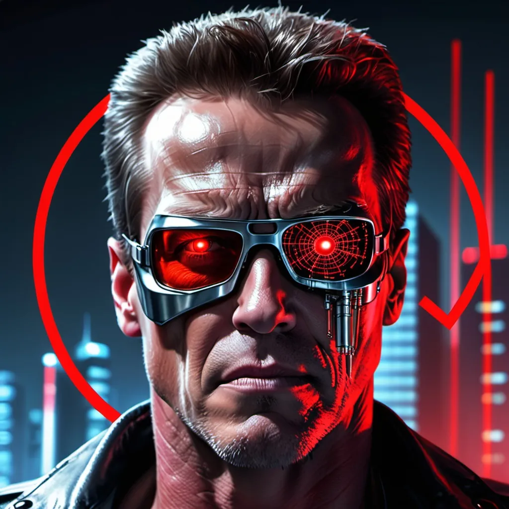 Prompt: The Terminator with Laser eyes and inside the red laser is the $ Symbol. It should be pixelated and have financial charts in the background