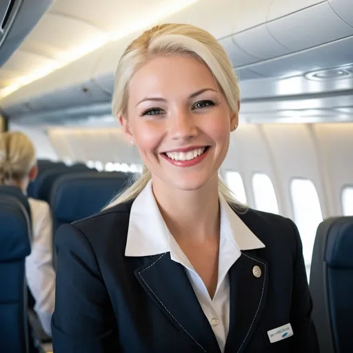 Prompt: There is an unstable, but happy female flight attendant. She is also extremely attractive, but is also absent-minded. She has platinum blonde hair. She has a huge smile. She has a large chest. Her personality is spasmodic.