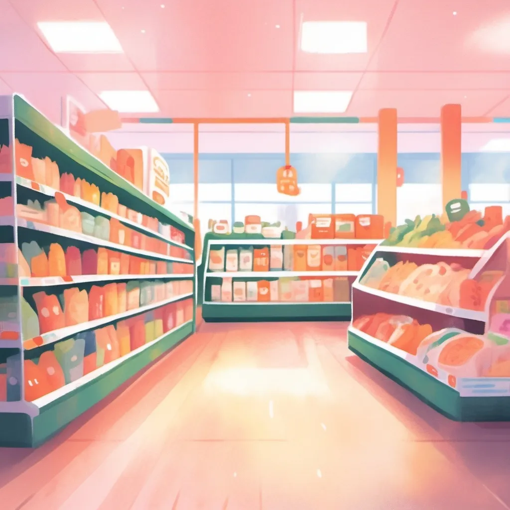 Prompt: grocery store, inside the store, children's book illustration style