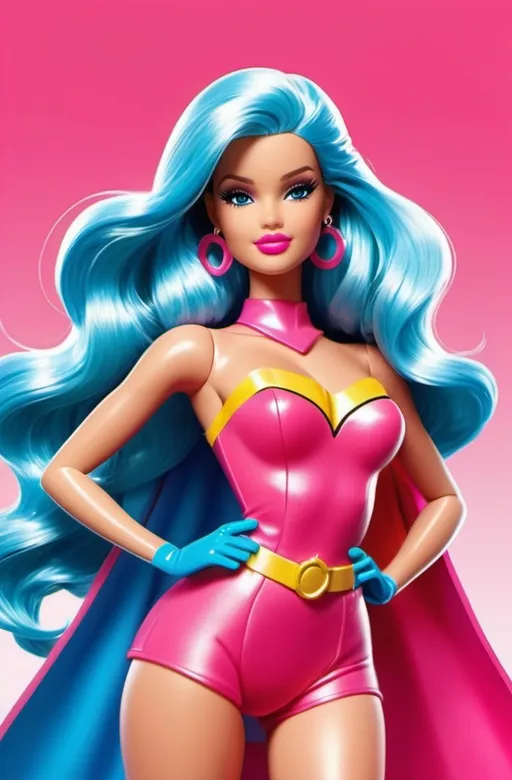 Prompt: barbie as a superhero vibrant colors, cotton candy aesthetics, white, pink, red, blue palette, bold outlines, Comic book. Cartoon