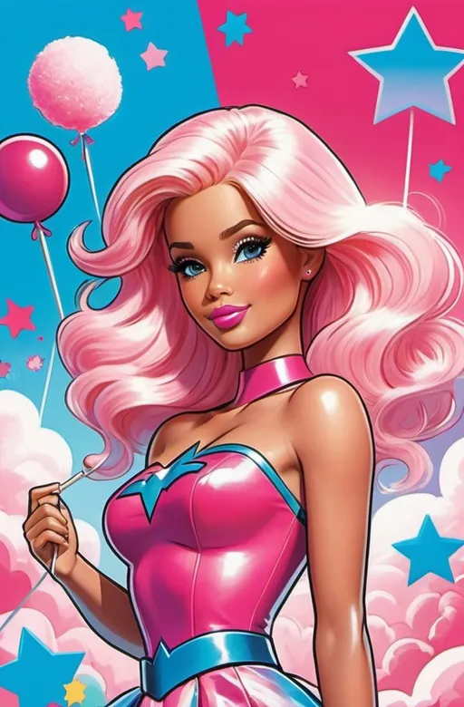 Prompt: (cute barbie comic book cover), (superhero), (DC comics style), vibrant colors, cotton candy aesthetics, white, pink, red, blue palette, bold outlines, whimsical characters, dynamic action pose, playful background elements, high-energy atmosphere, bright, fluffy, and cheerful ambiance, ultra-detailed, perfect comic, eye-catching design, vintage and modern blend. Hand drawing. Comic book. Cartoon