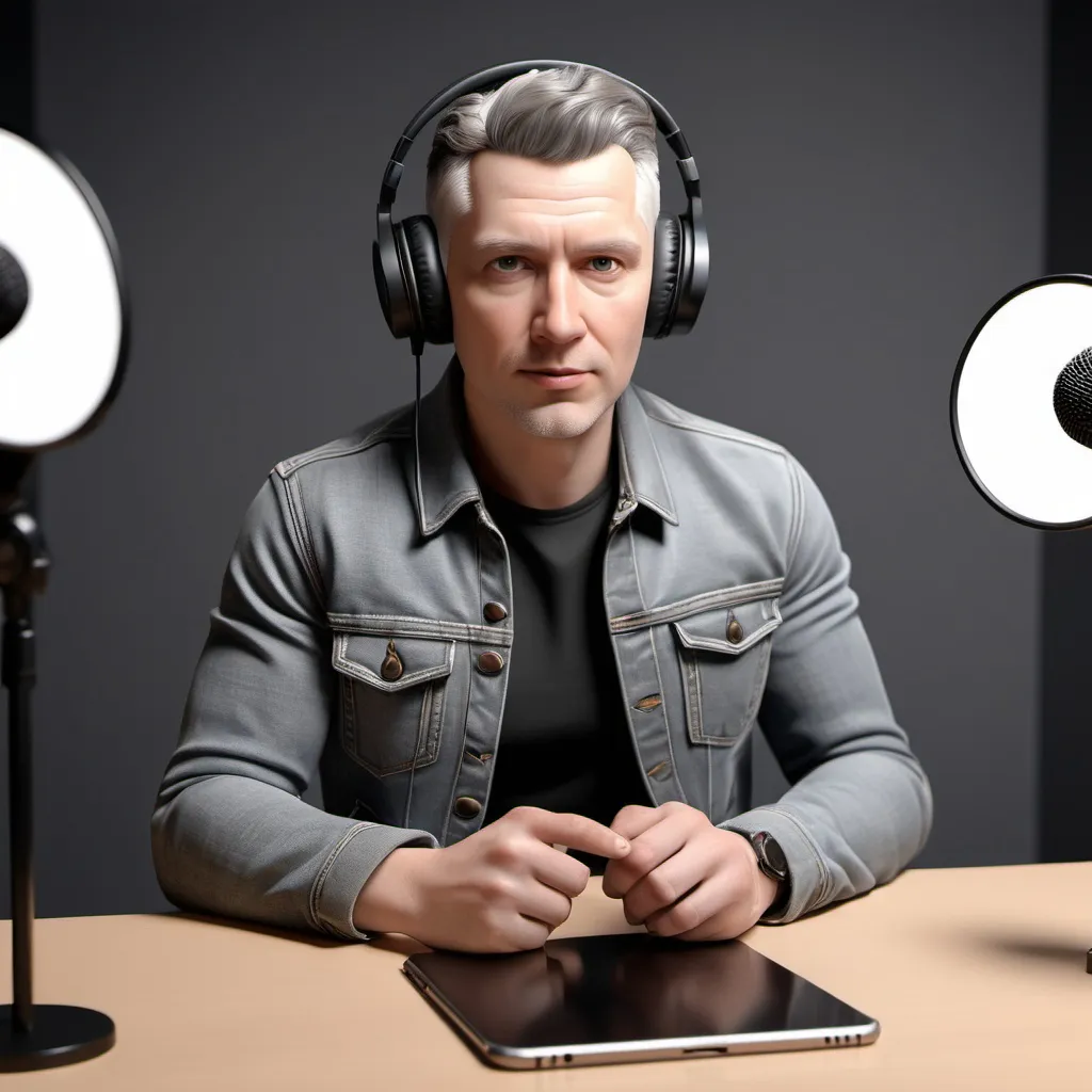 Prompt: Realistic 3D. white man, man doing a podcast, wearing a black shirt and gray jeans jacket. in the podcast studio room