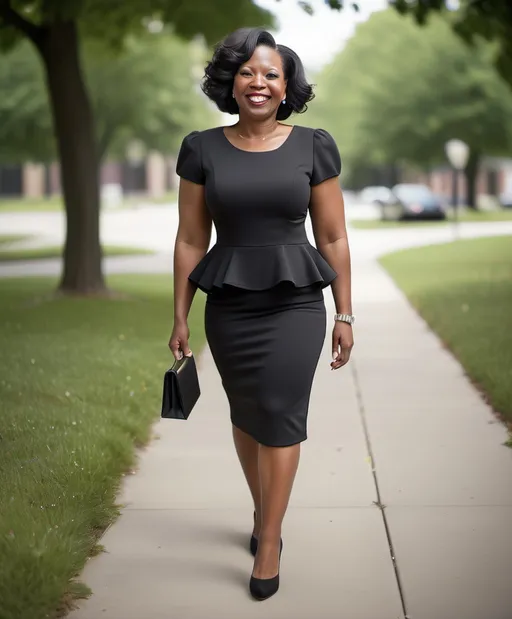 Prompt: A black woman in her early 40s, smiling and walking outdoors, and wearing a black puffy short-sleeved  knee-length peplum church dress and high heel shoes. Full length 