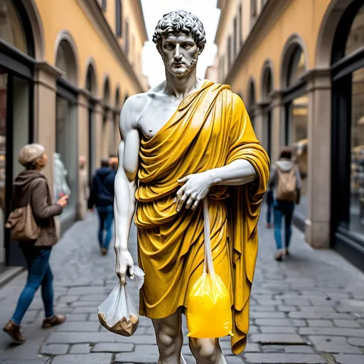 Prompt: A antique roman sculpture which shows a roman guy. He is having a plastic bag on his shoulder. The frame should show his whole body and looks like he is going shopping. The backgound is someplace on the street not in a museum. The center of the picture should be a yellow plastic bag