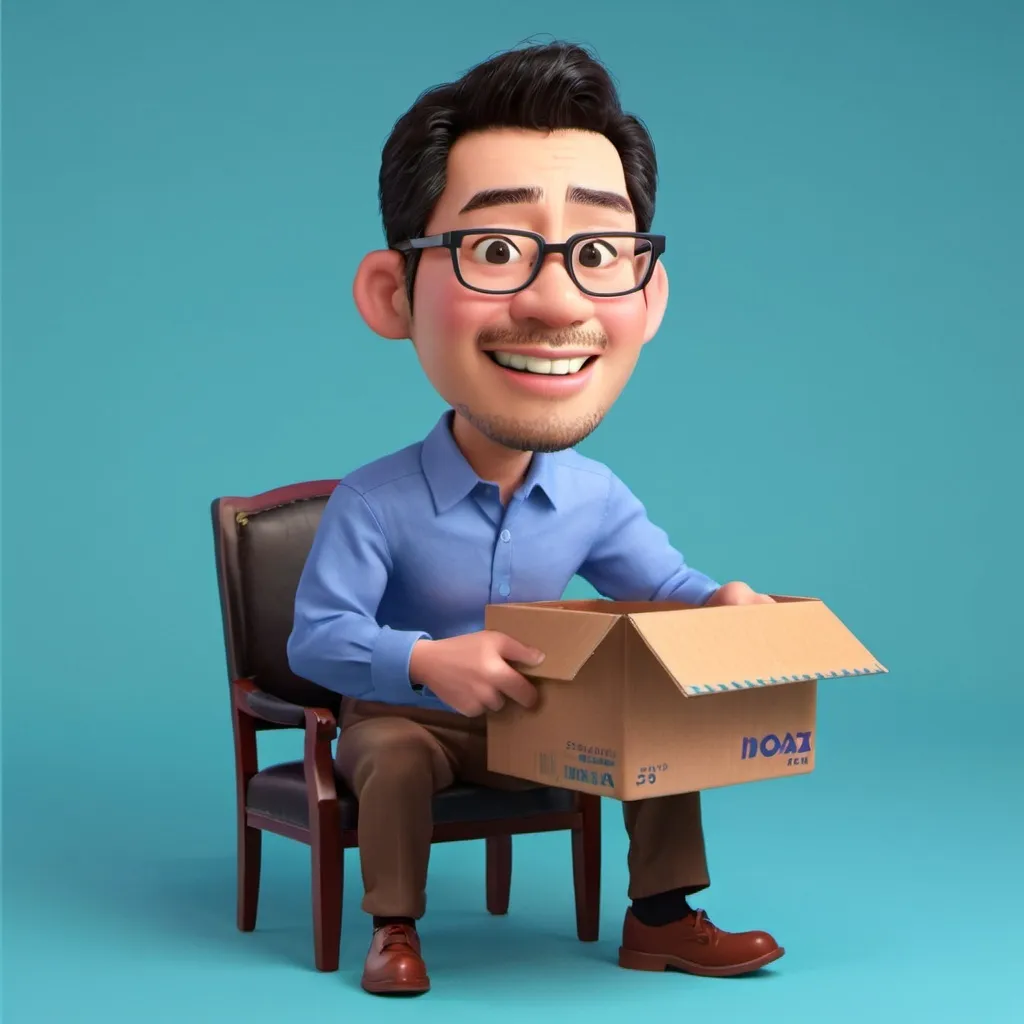 Prompt: 3d caricature indonesian man 35 yo ,open a box, use glasess, with blue background