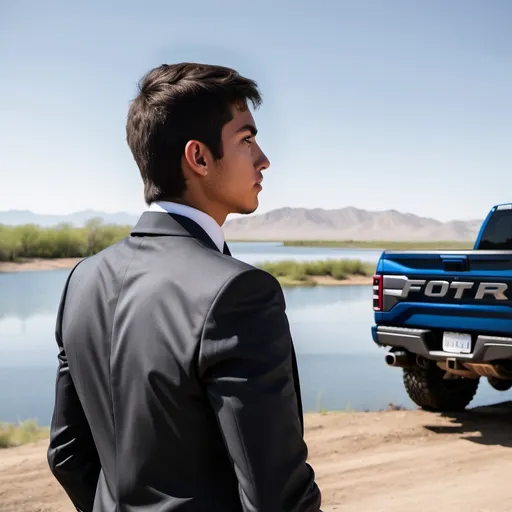 Prompt: Young Mexican man in a suit seen from behind , in the background you can see a lake and his Ford Raptor truck