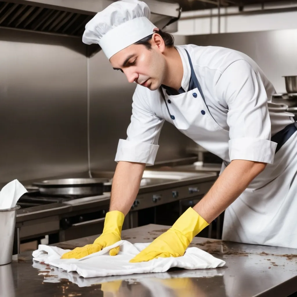 Prompt: Cook in commercial kitchen wearing dirty uniform using a filthy cloth to wipe down a food preparation surface