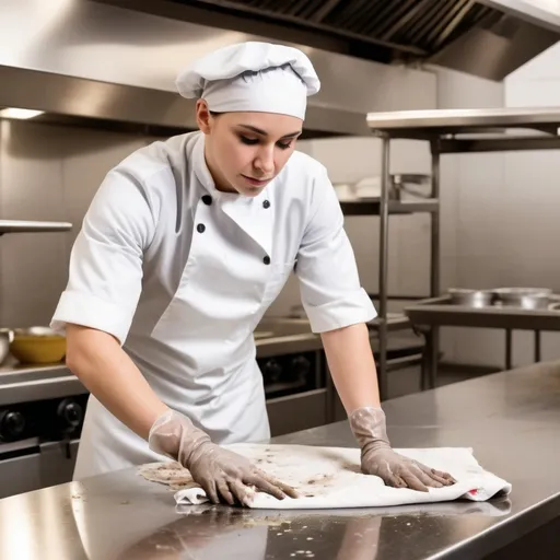 Prompt: Cook in commercial kitchen wearing dirty uniform using a filthy cloth to wipe down a food preparation surface