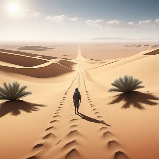 Prompt: Please create a traveler crossing the desert to reach to the ocean