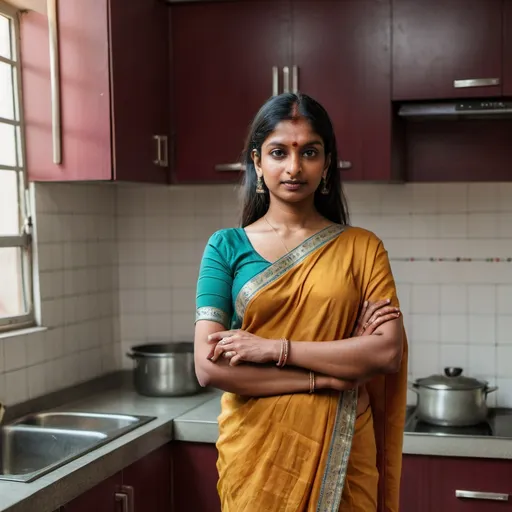 Prompt: Indian woman in saree standing in a kitchen