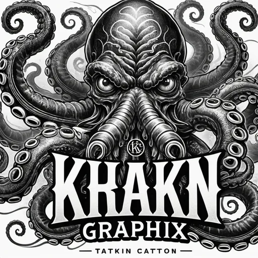 Prompt: Monochrome image of a kraken monster with emphasis on the tentacles, sucker's and eyes. Realistic tattoo style 
Include the words Krakn Graphx in bold block font traditional tattoo style