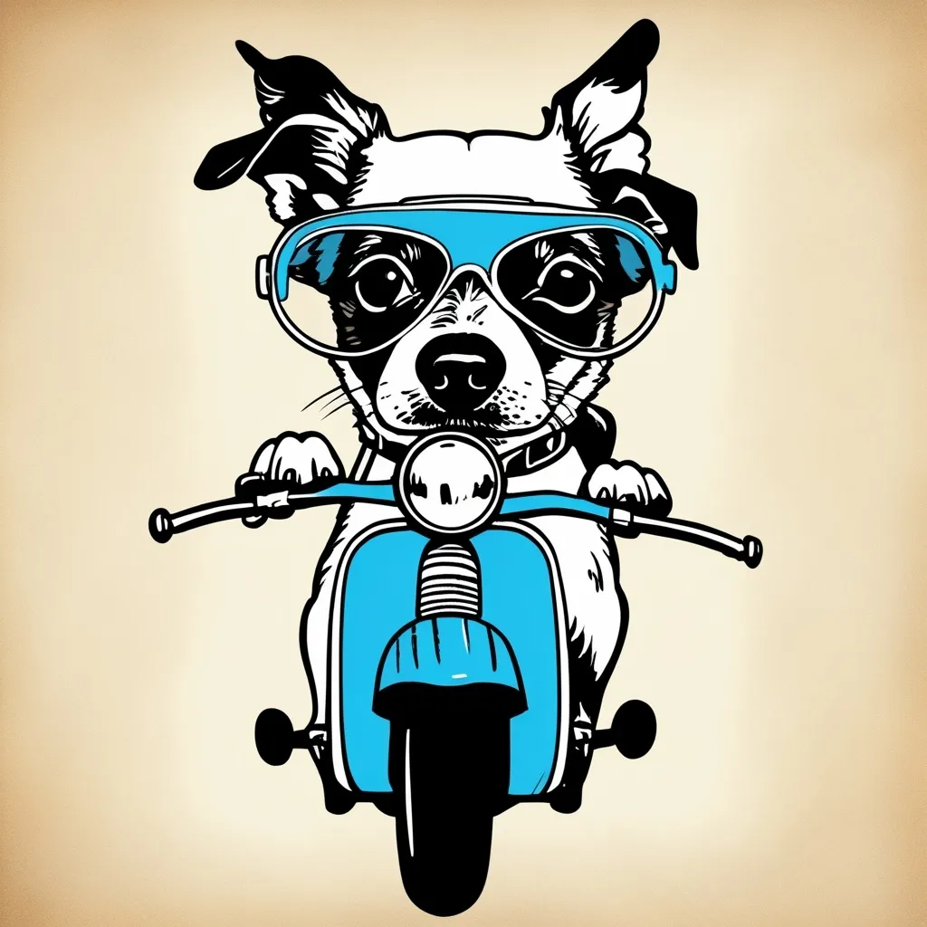 Prompt: Vintage clipart drawing of a jack russell terrier wearing goggles and racing a blue vintage vespa scooter, ink drawing, simple