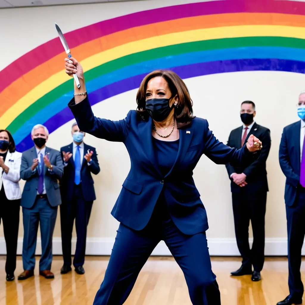 Prompt: Kamala Harris dancing with a medical scalpel in front of a rainbow