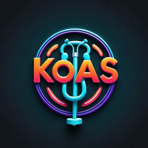 Prompt: (logo design for "Koas MADIUN"), with a logo identical to medicine and health stethoscope, 3D text style, sleek modern typography, bold neon colors, dynamic depth and shadow effects, vibrant aesthetics, professional and appealing, reflecting energy and creativity, suitable for branding, high-resolution quality, striking visual impact.