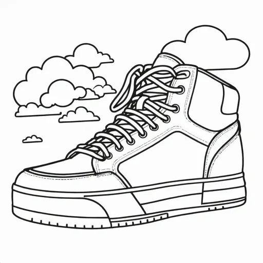 Prompt: A bold, classic high-top sneaker with thick laces, visible stitching, and a simple stripe on the side. The background features abstract clouds for a relaxed, uplifting feel.