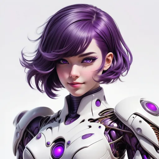 Prompt: A retro-futuristic female warrior with short purple hair, happy, biomechanical white costume, white background