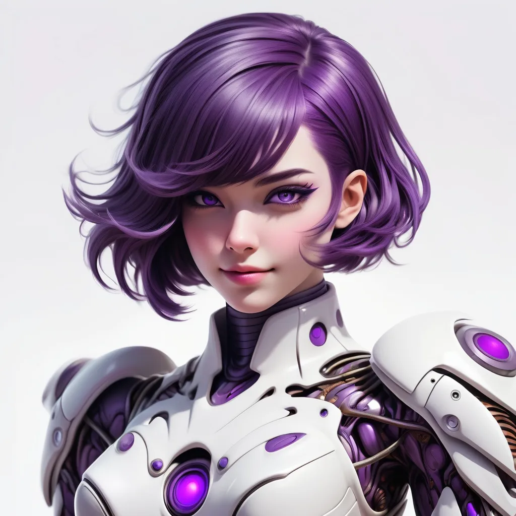 Prompt: A retro-futuristic female warrior with short purple hair, happy, biomechanical white costume, white background