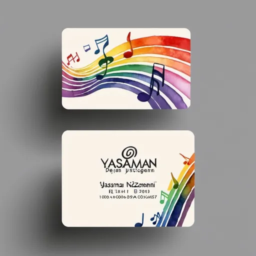 Prompt: I would like a design for my business card as a piano teacher that includes musical staff lines are colored like a rainbow, as if they were painted with watercolor.
my name is Yasaman Nazemi and i want to mention my phone number and also space for write a note behind the card.