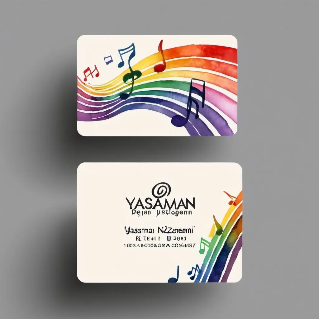 Prompt: I would like a design for my business card as a piano teacher that includes musical staff lines are colored like a rainbow, as if they were painted with watercolor.
my name is Yasaman Nazemi and i want to mention my phone number and also space for write a note behind the card.