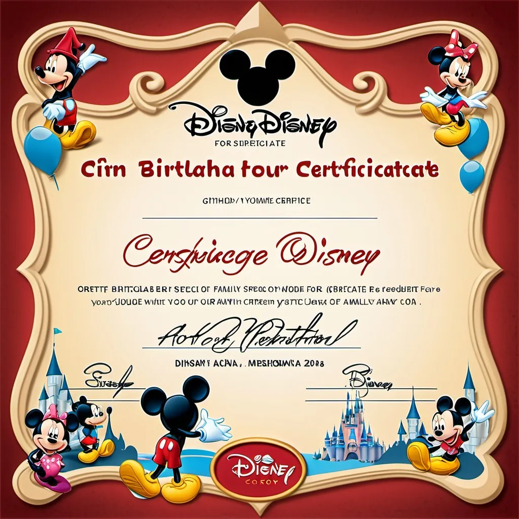 Prompt: create a disney themed certificate for a birthday gift.  text should read "this certificate is redeemable for a special experience of your choosing while on our family vacation to Disney!"  include 3 lines for signatures.