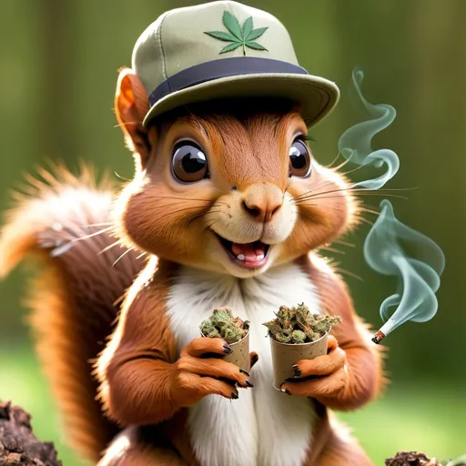 Prompt: brown squirrel, smoking weed, stoned, wearing hat