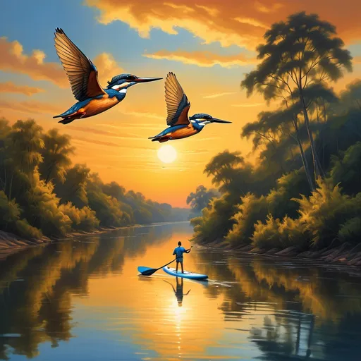 Prompt: (flying kingfisher over a river), two SUP paddlers, early evening setting, lush trees lining the shore, vivid blue water reflecting the sunset, warm golden hues filling the sky, creating a tranquil yet vibrant atmosphere, (ultra-detailed) image quality, enchanting scene that captures the beauty of nature and outdoor activity.