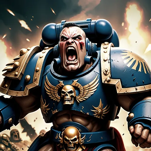 Prompt: Chaos Space Marine shouting "This is sparta!"