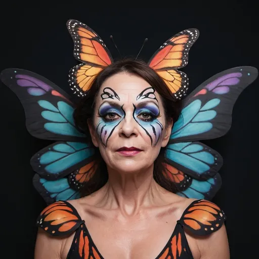 Prompt: A medium length middle aged woman with butterfly makeup stands with a semi dark background with flowing long butterfly wings