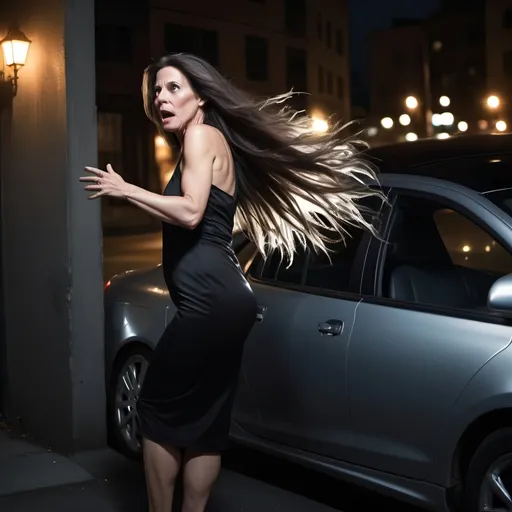 Prompt: (beautiful middle-aged woman), long flowing brunette hair with silver strands, surprised expression, dramatic pose, darkened figure reaching for her shoulder, tense atmosphere, high-contrast lighting, moody shadows, urban nighttime setting, sleek car in the background, (ultra-detailed), high quality, gripping suspenseful moment.