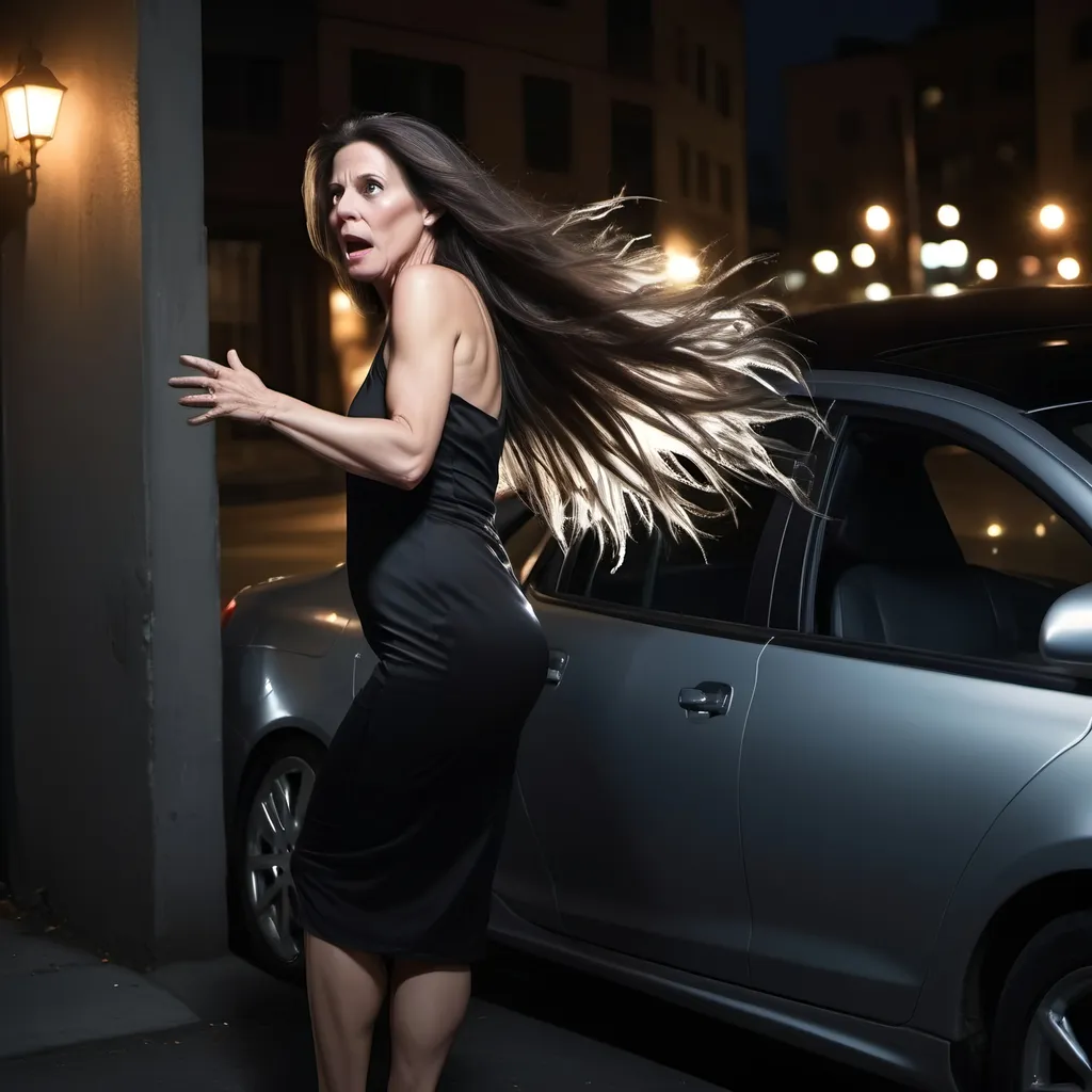 Prompt: (beautiful middle-aged woman), long flowing brunette hair with silver strands, surprised expression, dramatic pose, darkened figure reaching for her shoulder, tense atmosphere, high-contrast lighting, moody shadows, urban nighttime setting, sleek car in the background, (ultra-detailed), high quality, gripping suspenseful moment.