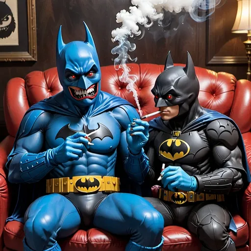 Prompt: batman and cookie monster smoking with extremely red eyes, smoking a bong each on a couch