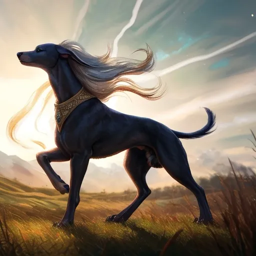 Prompt: Feral whippet Male dog, wearing flowing white harem pants on his hind legs, elegantly styled with fur-trimmed royal coat, majestic posture, vibrant wild mane, grassy plains background, bright sunlight illuminating the scene, showcasing strength and grace, captivating energy, nature's beauty, ultra-detailed, high quality, 4K resolution.