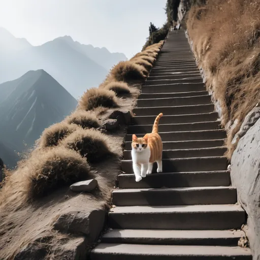 Prompt: A Cat Climbing Stairs Next To A 1000 ft Mountain