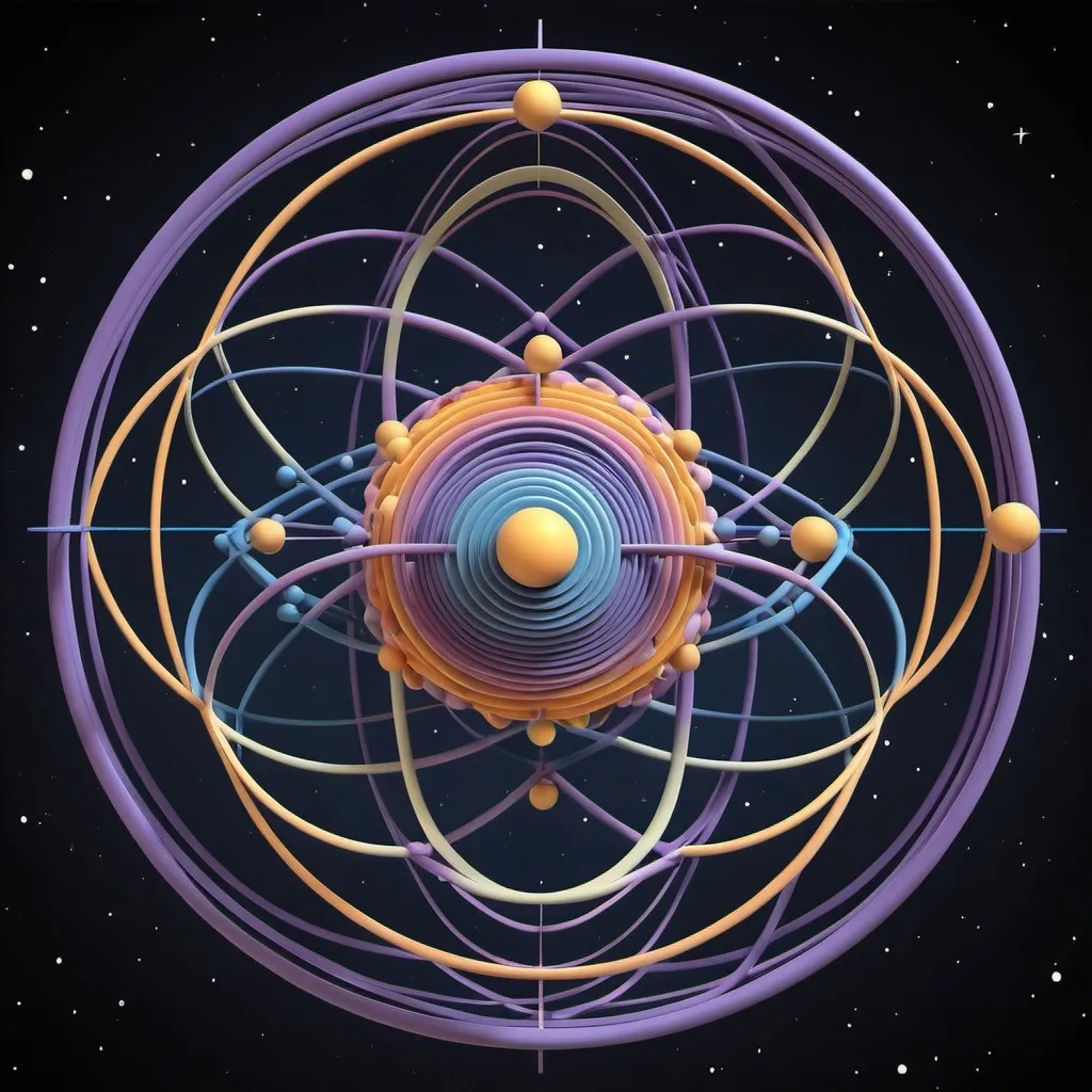 Prompt: "Create a 3D model of a cosmic structure with seven concentric, nested spheres, where the innermost sphere (representing our expanding universe) is at the center and expands outward in all directions."