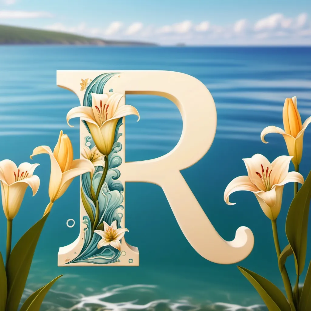 Prompt: Feminine letter R with Lillies, a symbol for a daughter, a word puzzle with ocean water in the background